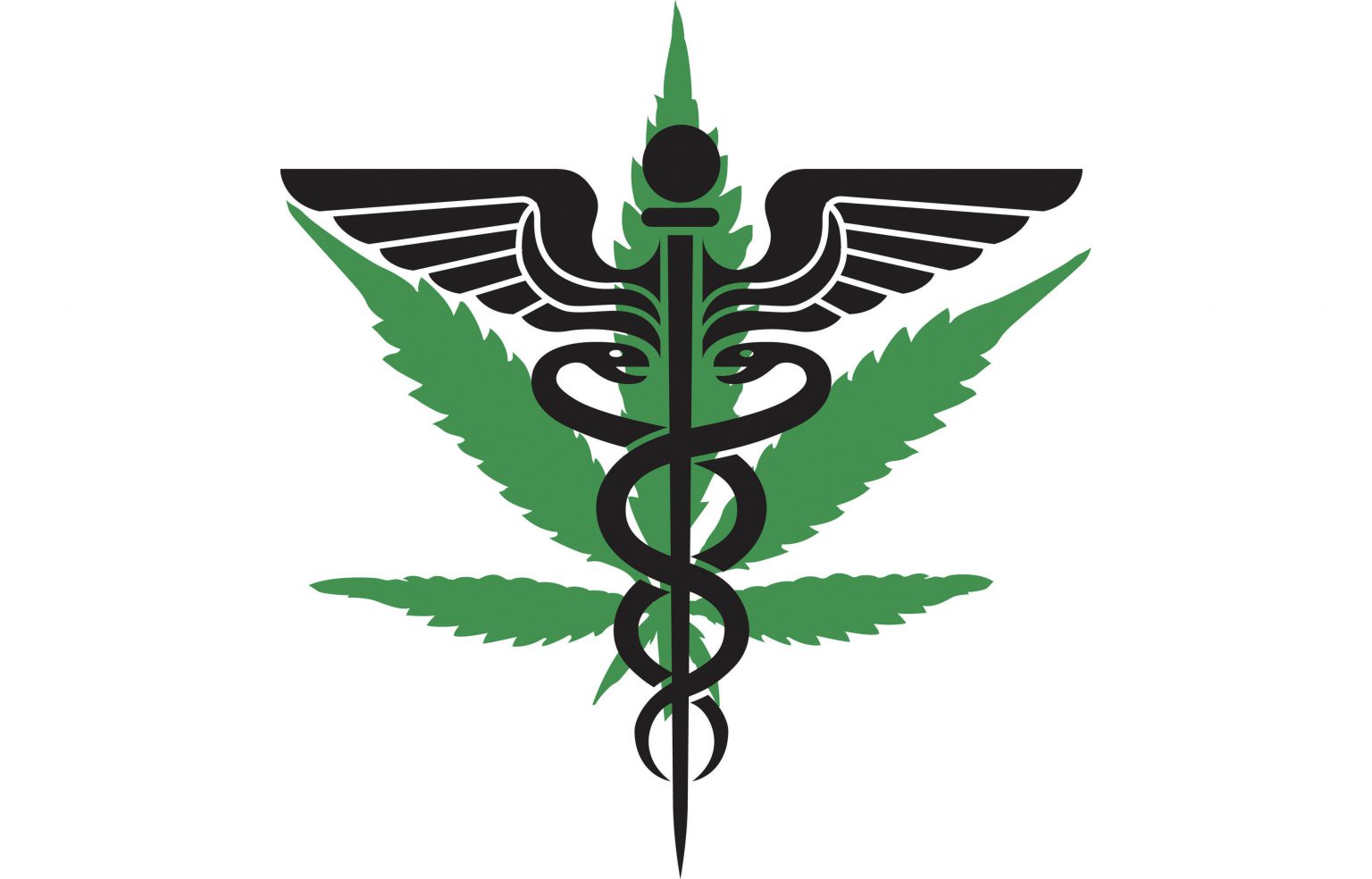 Marijuana leaf icon behind a black caduceus icon