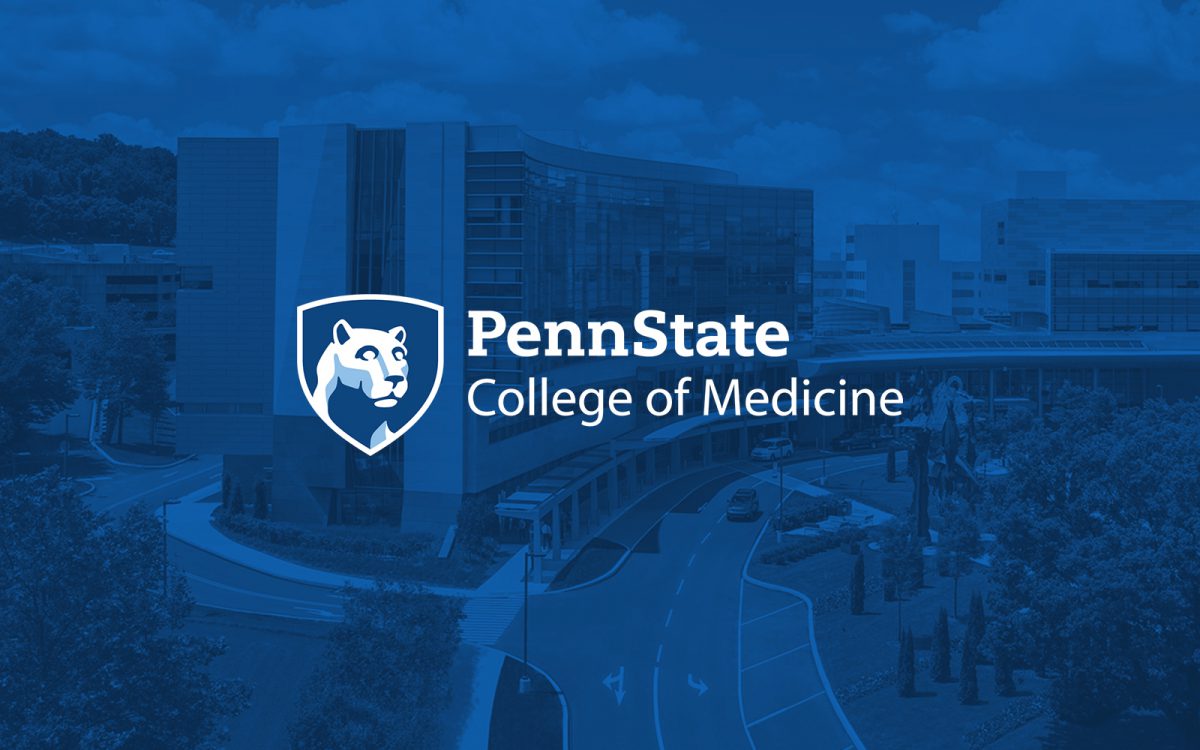 PennSate College of Medicine logo overlayed on photo of their building in Hershey, PA.