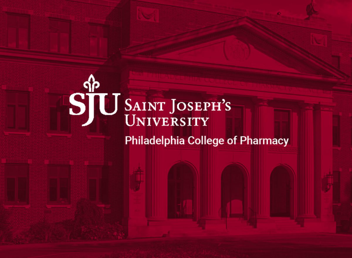 Saint Joseph's University logo overlayed on photo of the Philadelphia College of Pharmacy building.